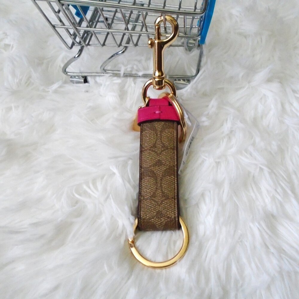 Coach Trigger Snap Bag Charm Keychain Khaki Pink Gold - Picture 2 of 8